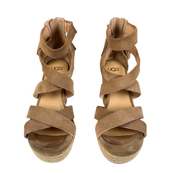 Ugg Raquel Wedge Women Size 8 Chestnut Suede Espadrille Strappy Tassel Sandals - Picture 6 of 11